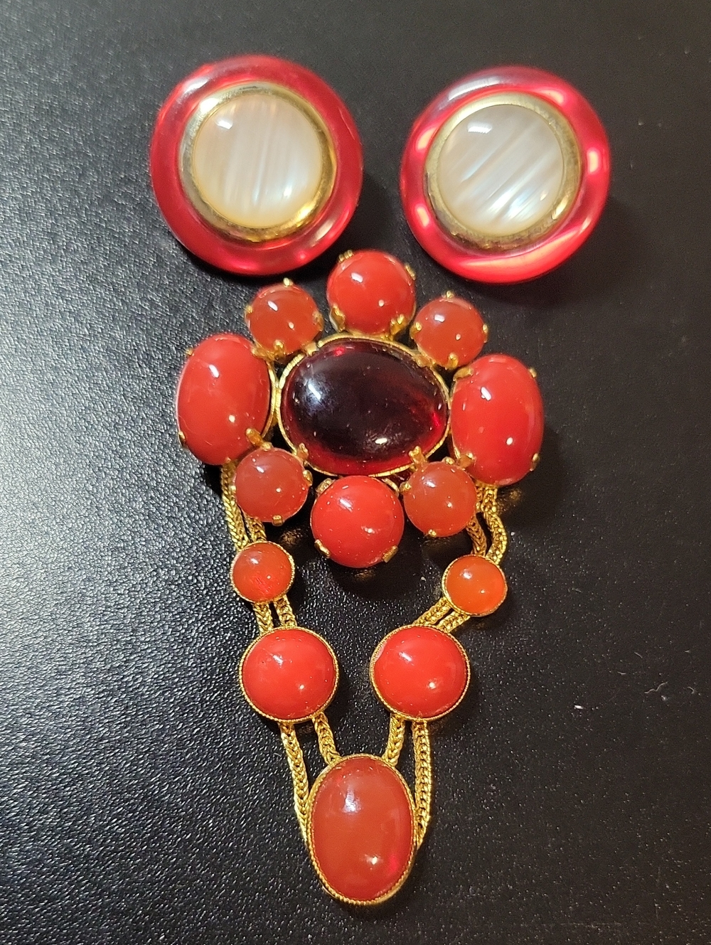 Gold-Tone Red Cabochon Drop Brooch and Clip-On Earrings Set